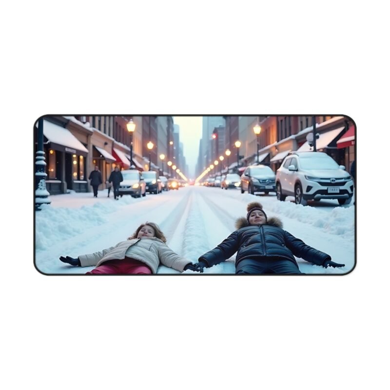 Winter Desk Mat with Snowy Cityscape and Whimsical Snow Angel Design - Image 9