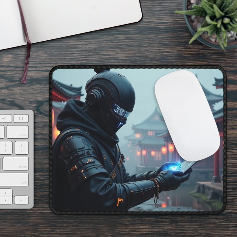 Cyberpunk Gaming Mouse Pad with Futuristic Warrior and East Asian Architecture - Image 3