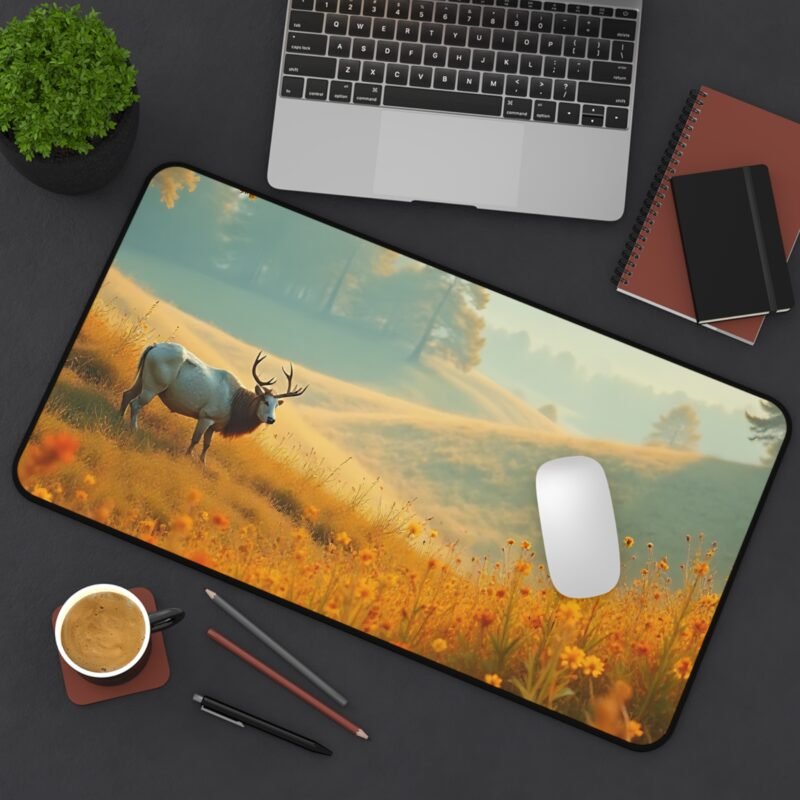 Autumn Nature Desk Mat with Tranquil Sunrise Meadow and Majestic Elk Scene - Image 8