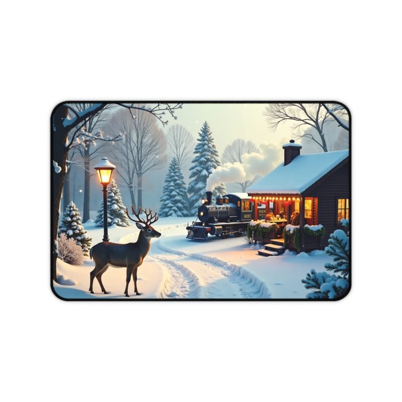 Winter Desk Mat with Deer and Snowy Train Scene for Cozy Seasonal Workspace