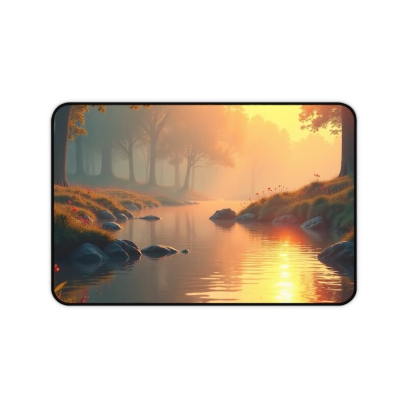 Riverside Sunrise Nature Desk Mat with Forest Stream and Misty Morning Design