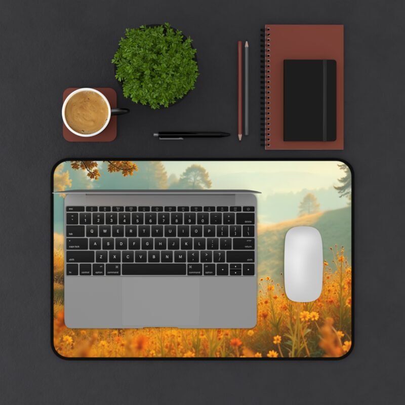 Autumn Nature Desk Mat with Tranquil Sunrise Meadow and Majestic Elk Scene - Image 3
