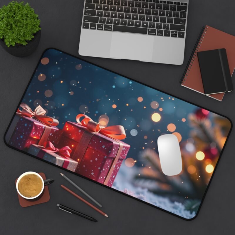 Festive Christmas Desk Mat with Snowy Gift Scene and Glowing Holiday Tree - Image 8