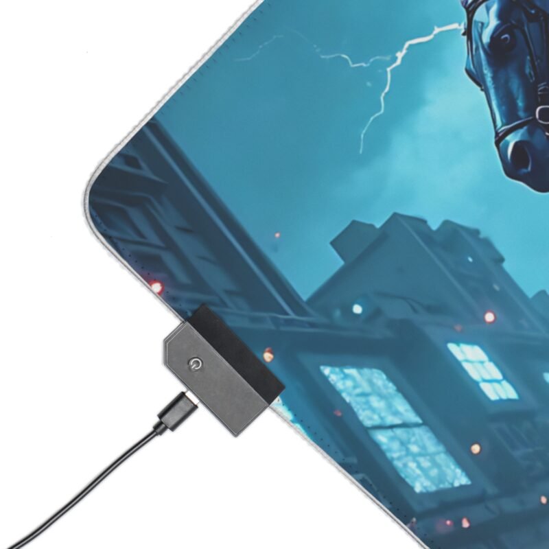 Cyberpunk Gaming Mouse Pad with Neon Cityscape and Futuristic Warrior Design - Image 11