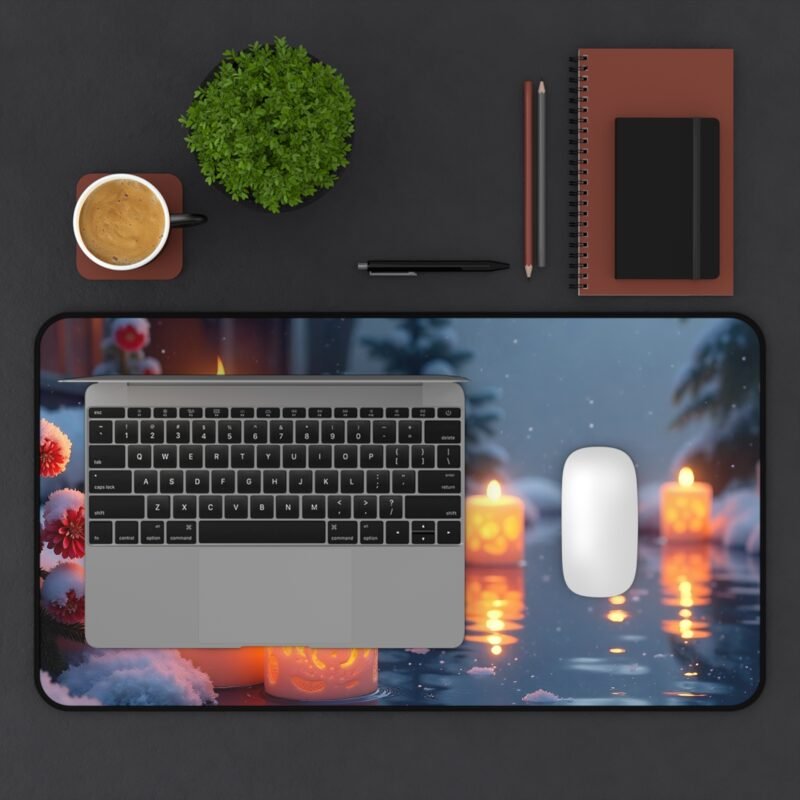 Winter Desk Mat with Cozy Candlelit Design and Serene Snowflake Snowscape - Image 7