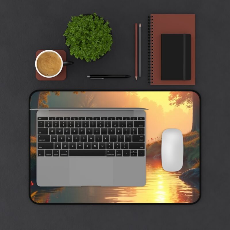 Riverside Sunrise Nature Desk Mat with Forest Stream and Misty Morning Design - Image 3