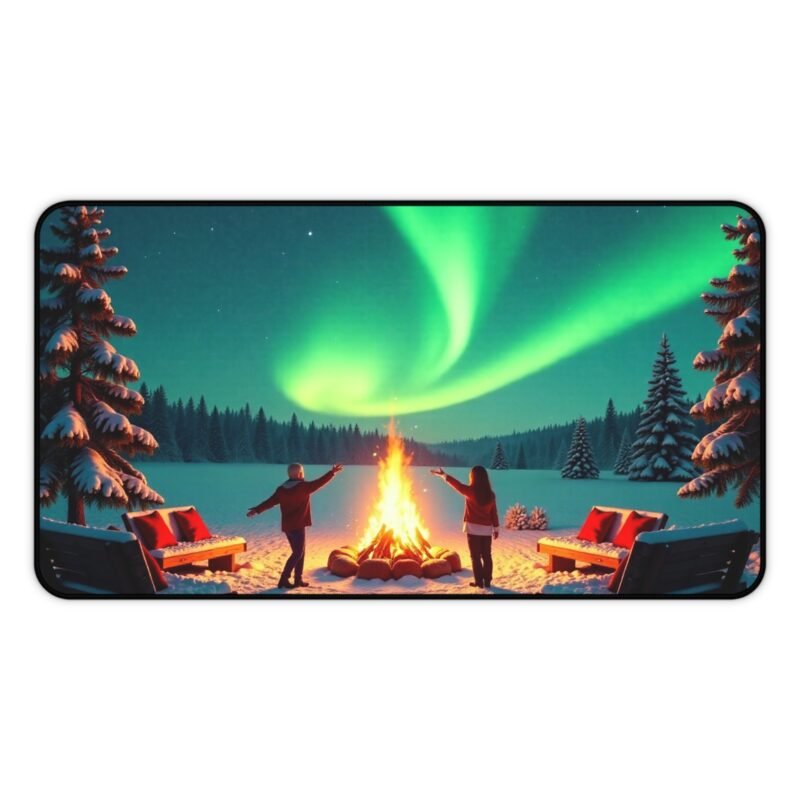 Northern Lights Desk Mat with Cozy Fireside Winter Wonderland Design - Image 5