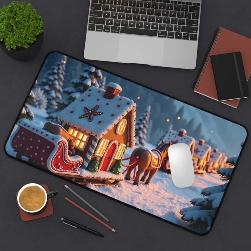 Whimsical Christmas Desk Mat with Gingerbread Train and Snowy Forest Backdrop - Image 8