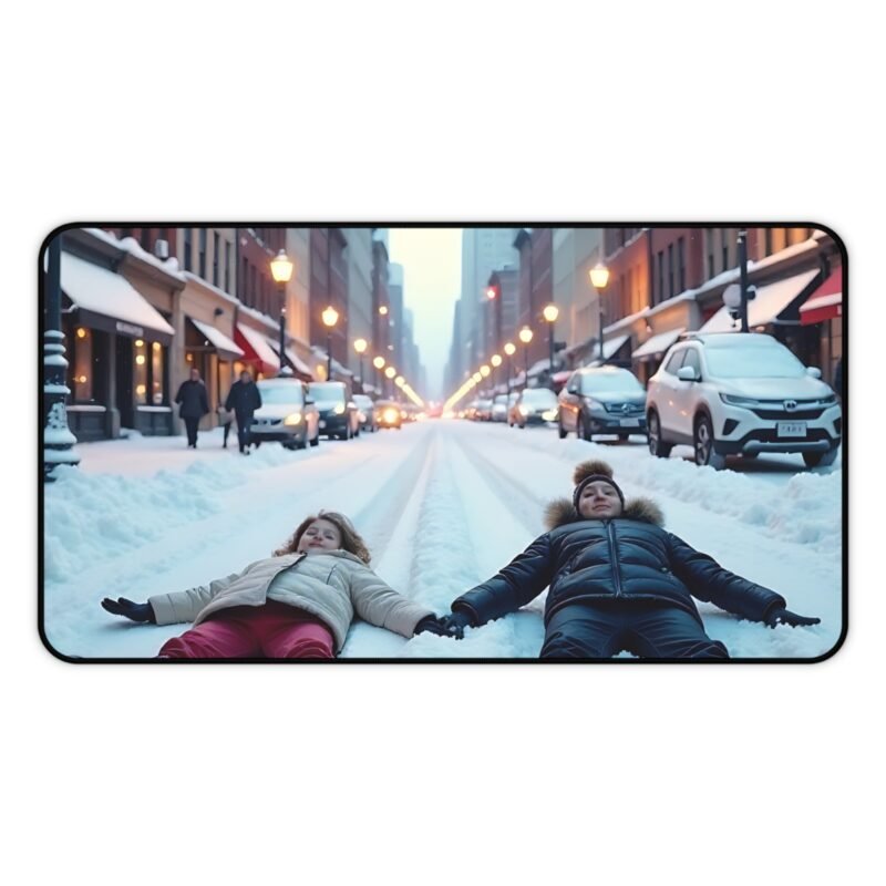 Winter Desk Mat with Snowy Cityscape and Whimsical Snow Angel Design - Image 5