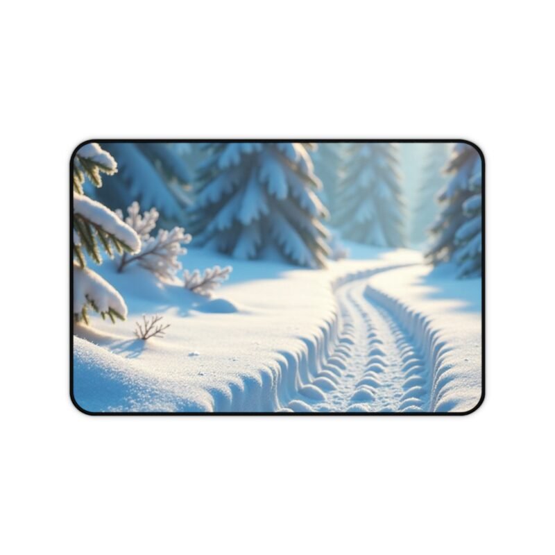 Winter Desk Mat with Serene Snowy Forest Sunrise Design for a Tranquil Workspace