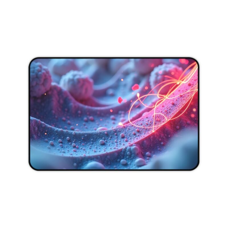 Digital Landscape Mouse Pad with Vibrant Electric-Red and Blue Molecular Design