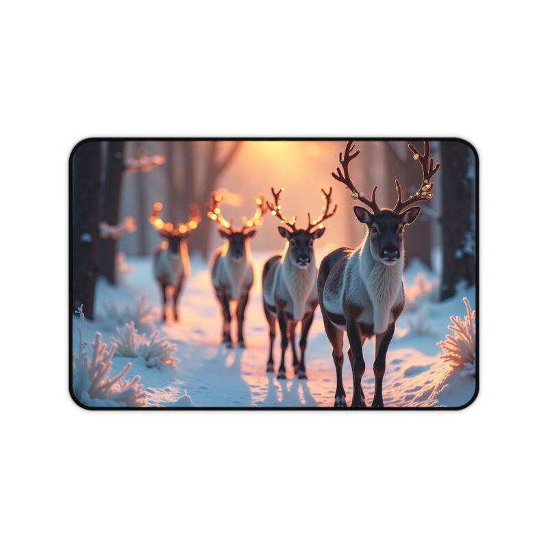 Winter Desk Mat with Reindeer Lights and Serene Snowy Landscape