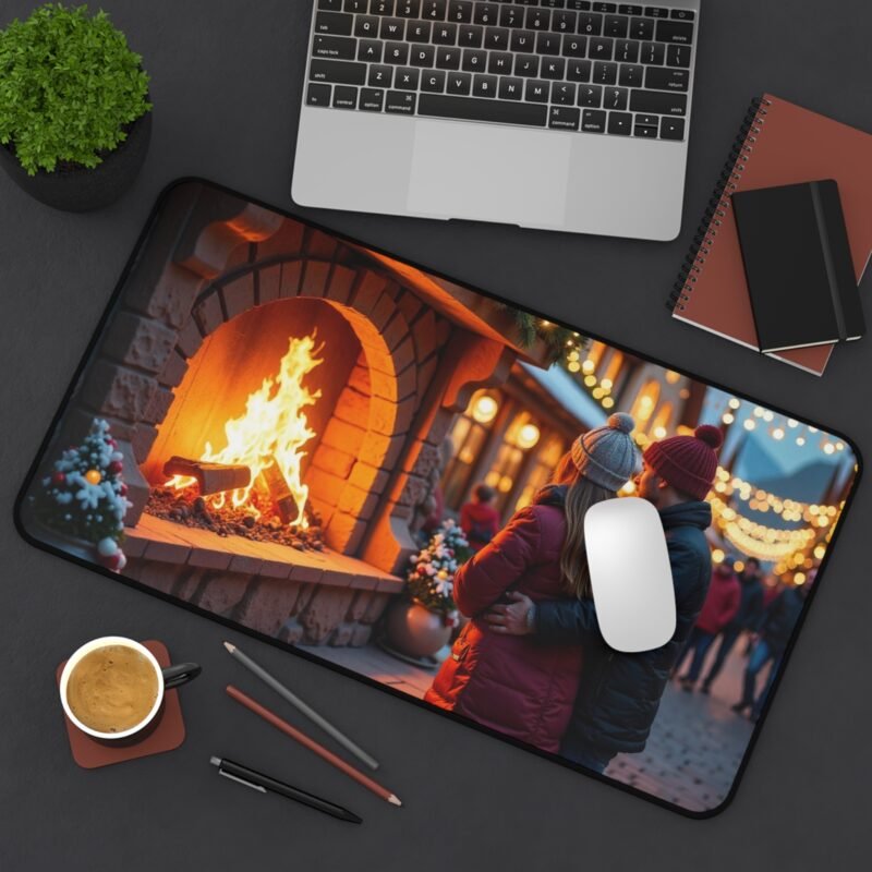 Cozy Christmas Desk Mat with Festive Fireplace and Holiday Market Scene - Image 8