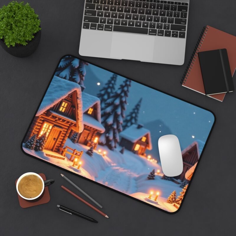 Winter Desk Mat with Cozy Snow-Covered Village Scene for a Serene Workspace - Image 4