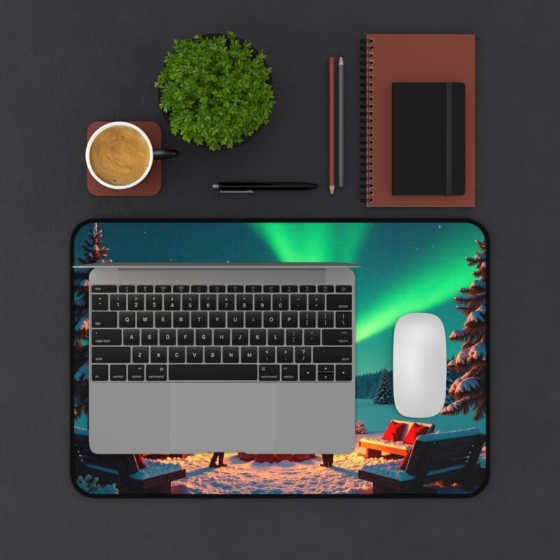 Northern Lights Desk Mat with Cozy Fireside Winter Wonderland Design - Image 3