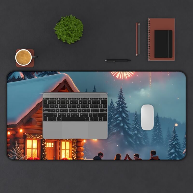 Cozy Winter Cabin Mouse Pad with Fireworks and Festive Snowy Landscape - Image 11