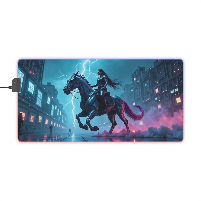 Cyberpunk Gaming Mouse Pad with Neon Cityscape and Futuristic Warrior Design