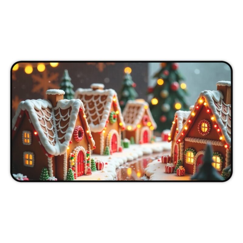 Christmas Desk Mat with Festive Gingerbread Village and Snowy Pine Design - Image 5