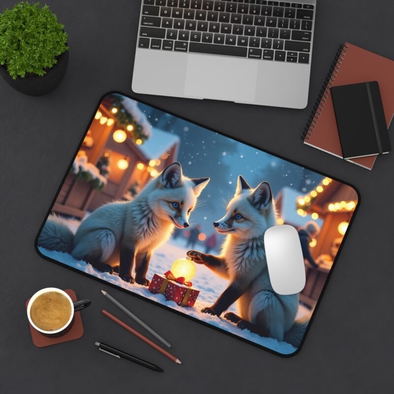 Christmas Desk Mat with Whimsical Foxes in a Snowy Winter Wonderland - Image 4