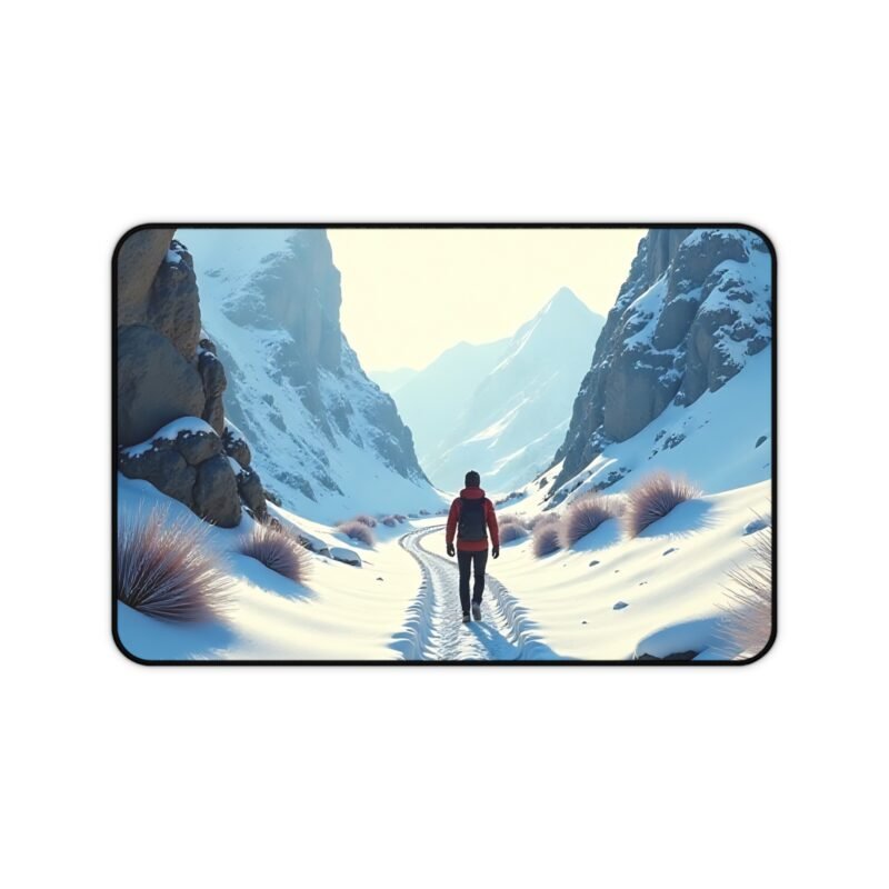Winter Desk Mat with Tranquil Snowy Mountain Scene for a Calming Workspace