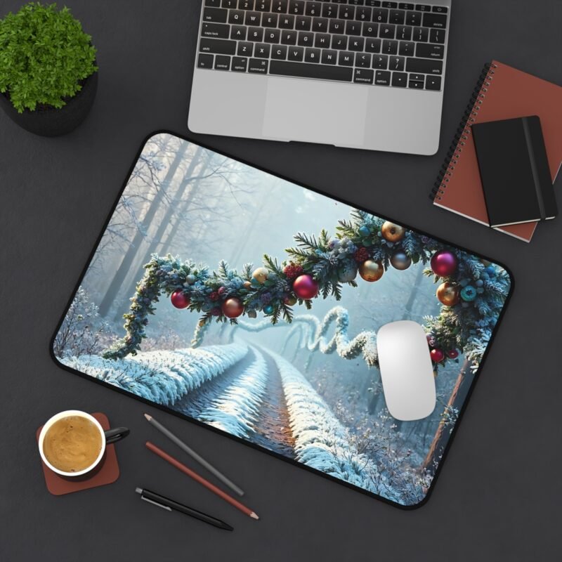Holiday Desk Mat with Festive Wreath and Snowy Forest Design for Winter Workspace Decor - Image 4