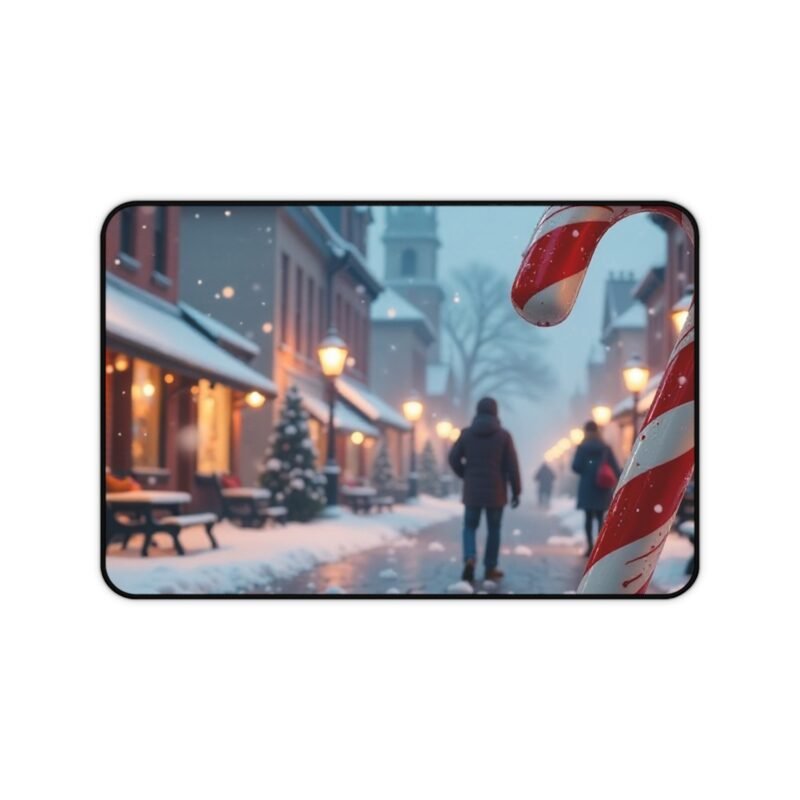 Christmas Desk Mat with Festive Candy Cane and Snowy Village Scene for Holiday Workspace Decor