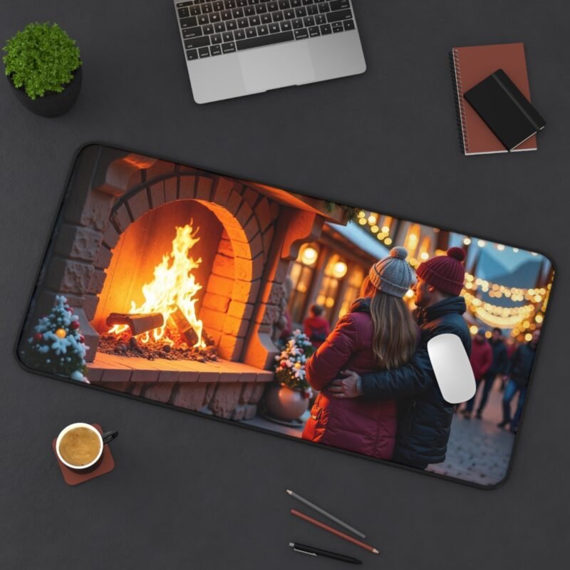 Cozy Christmas Desk Mat with Festive Fireplace and Holiday Market Scene - Image 12