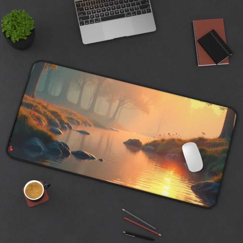 Riverside Sunrise Nature Desk Mat with Forest Stream and Misty Morning Design - Image 12