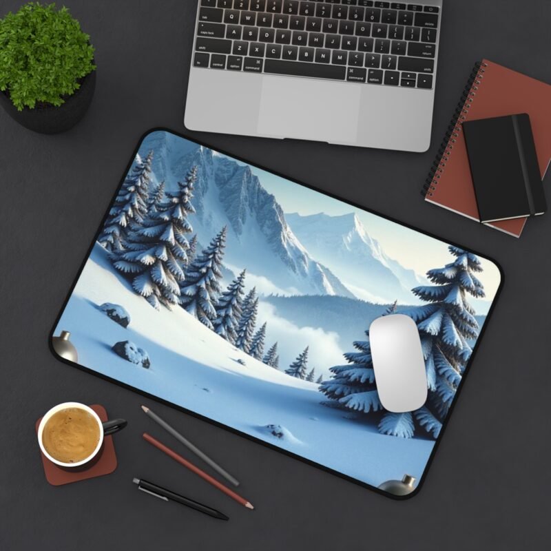 Winter Landscape Desk Mat with Snowy Pines and Mountain Views - Image 4