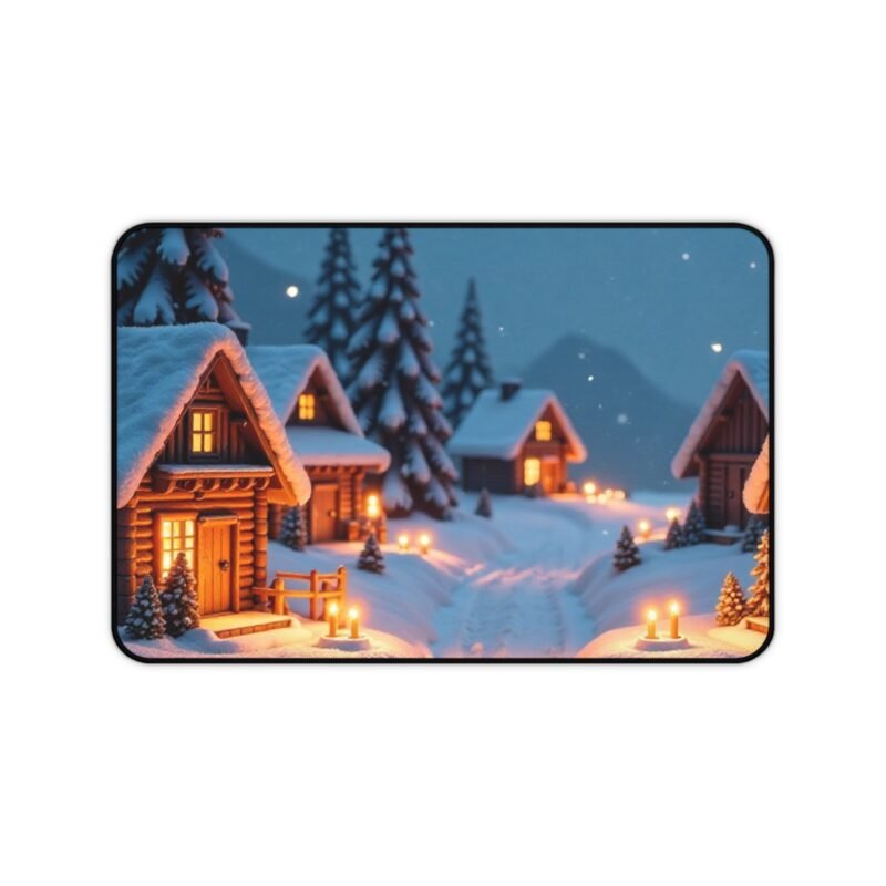 Winter Desk Mat with Cozy Snow-Covered Village Scene for a Serene Workspace