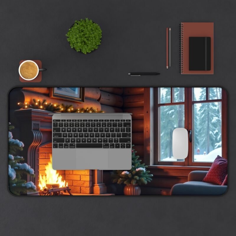 Cozy Christmas Desk Mat with Festive Fireplace and Winter Cabin Design - Image 11