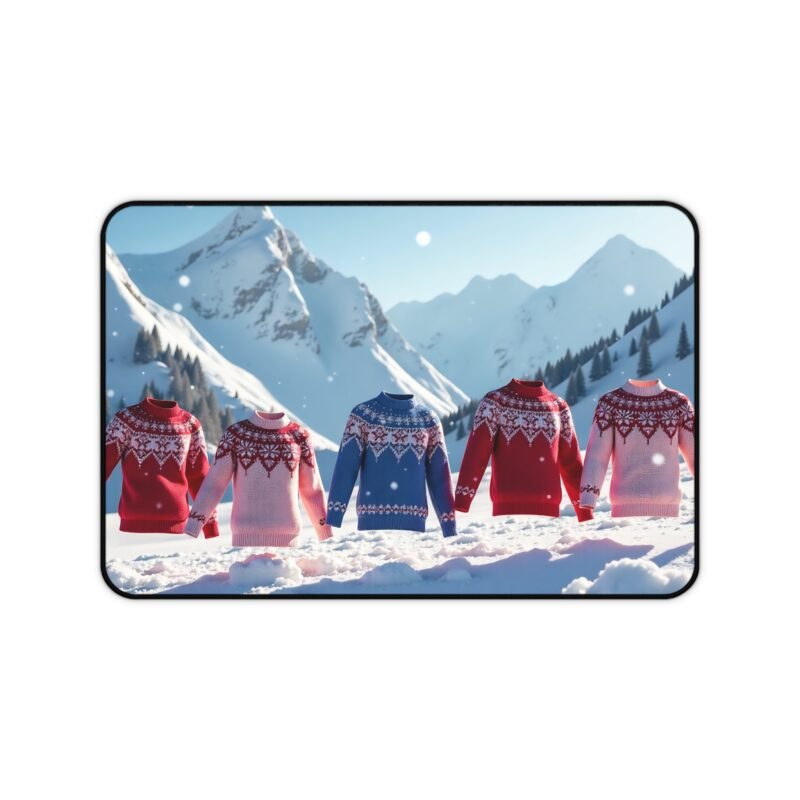 Cozy Holiday Desk Mat with Festive Sweater Design and Alpine Winter Theme