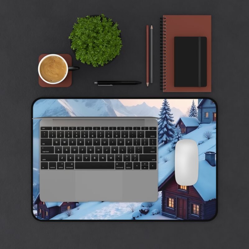 Winter Desk Mat with Snowy Cabin and Mountain Scenery for Cozy Workspace - Image 3