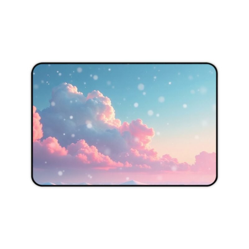 Winter Aesthetic Desk Mat with Pink Clouds and Snowy Landscape for Cozy Workspaces