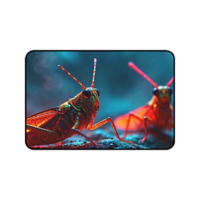 Fantasy Desk Mat with Vivid Grasshoppers on Mystical Misty Terrain for Nature and Fantasy Lovers