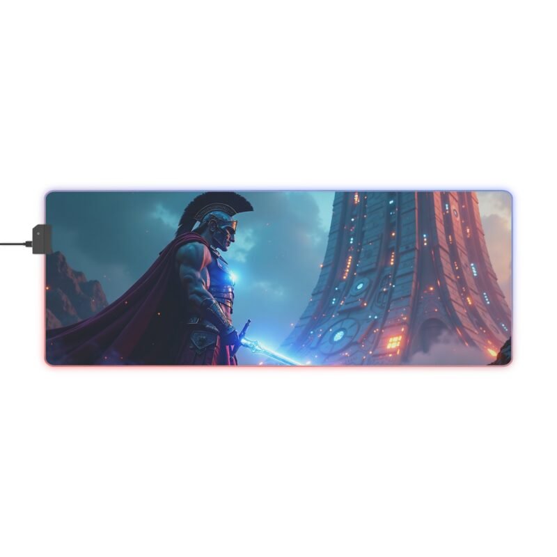LED Gaming Mouse Pad with Mythical Spartan and Futuristic Alien Design