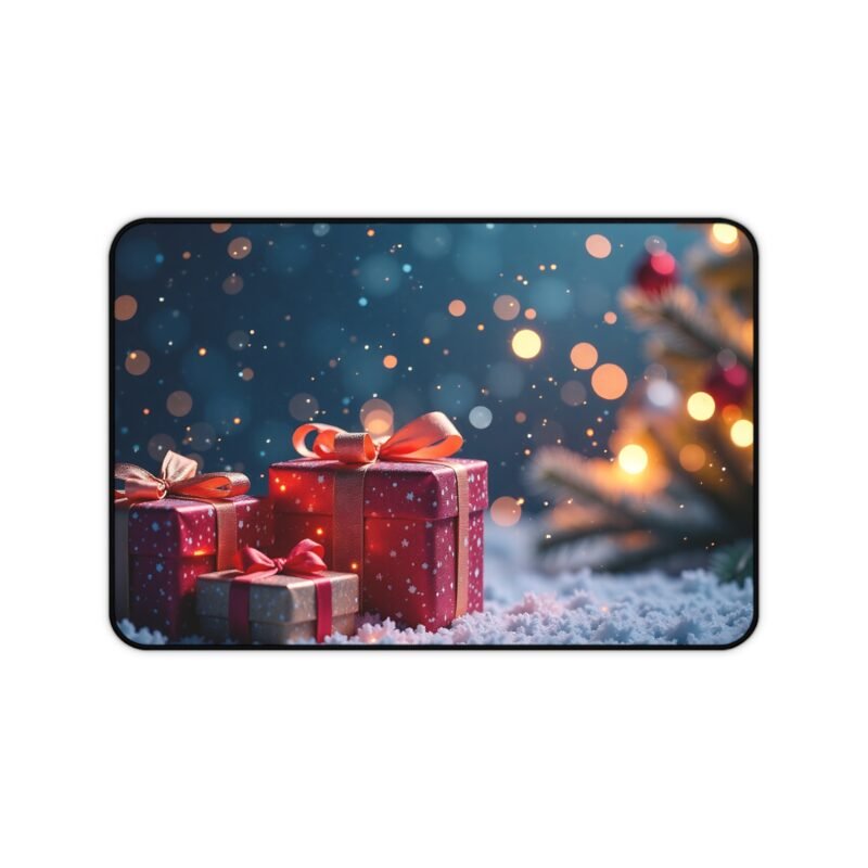 Festive Christmas Desk Mat with Snowy Gift Scene and Glowing Holiday Tree