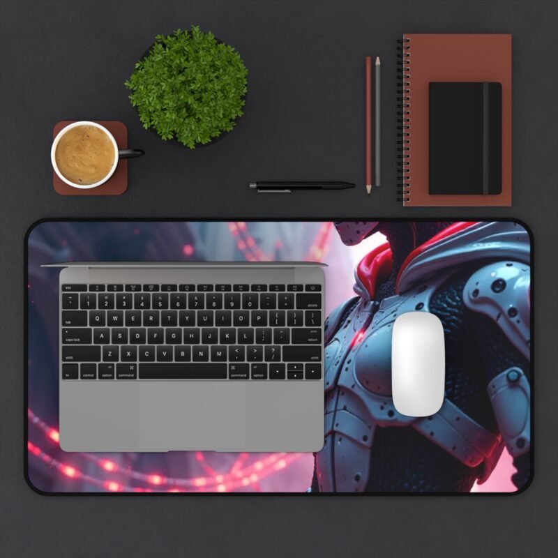 Cyberpunk Desk Mat with Futuristic Robot Design and Neo-Gothic Cityscape - Image 7