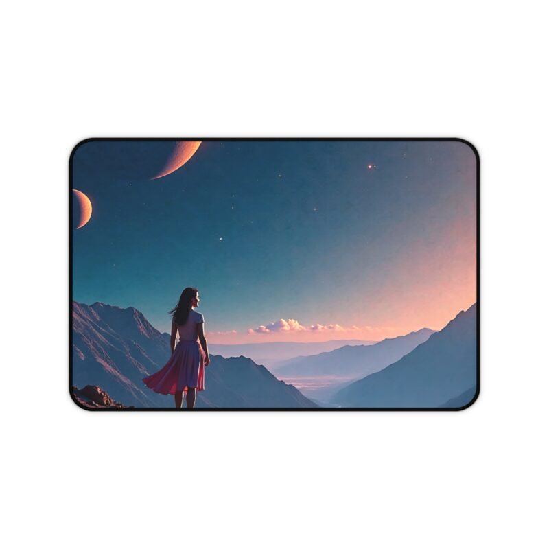 Galaxy Desk Mat with Twilight Mountain Scene and Celestial Sky