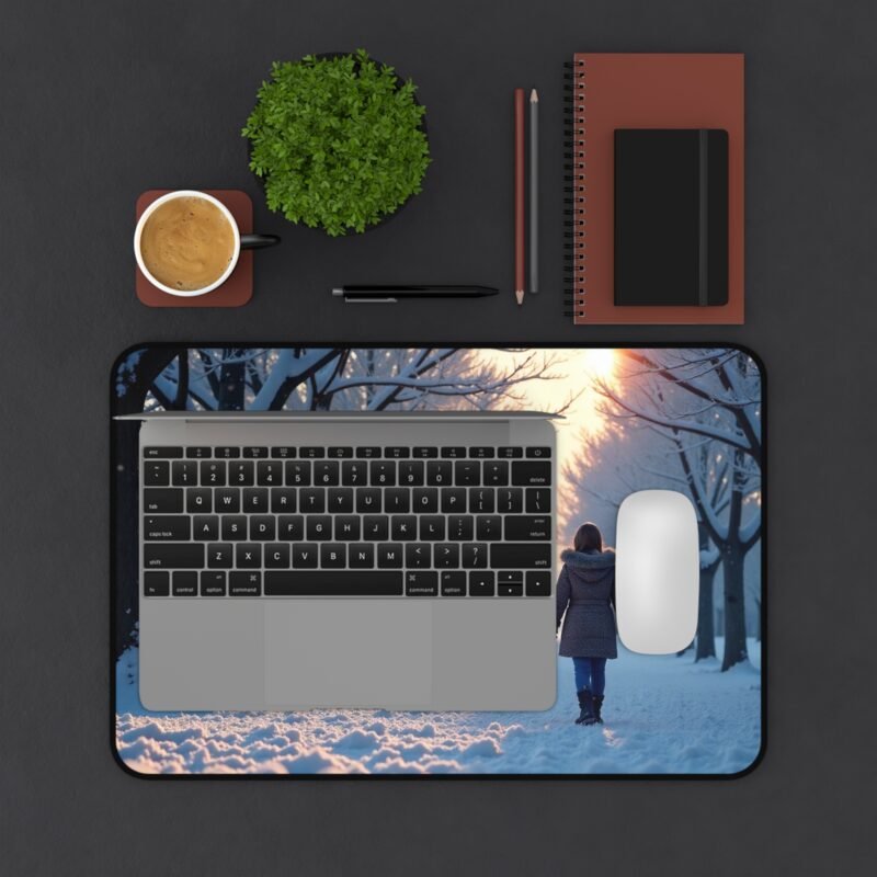 Serene Winter Desk Mat with Tranquil Snowy Path and Majestic Trees - Image 3