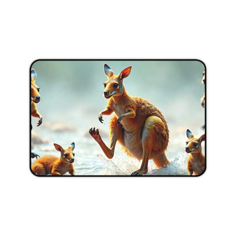 Nature-Inspired Desk Mat with Playful Kangaroos in Serene Riverbed Scene