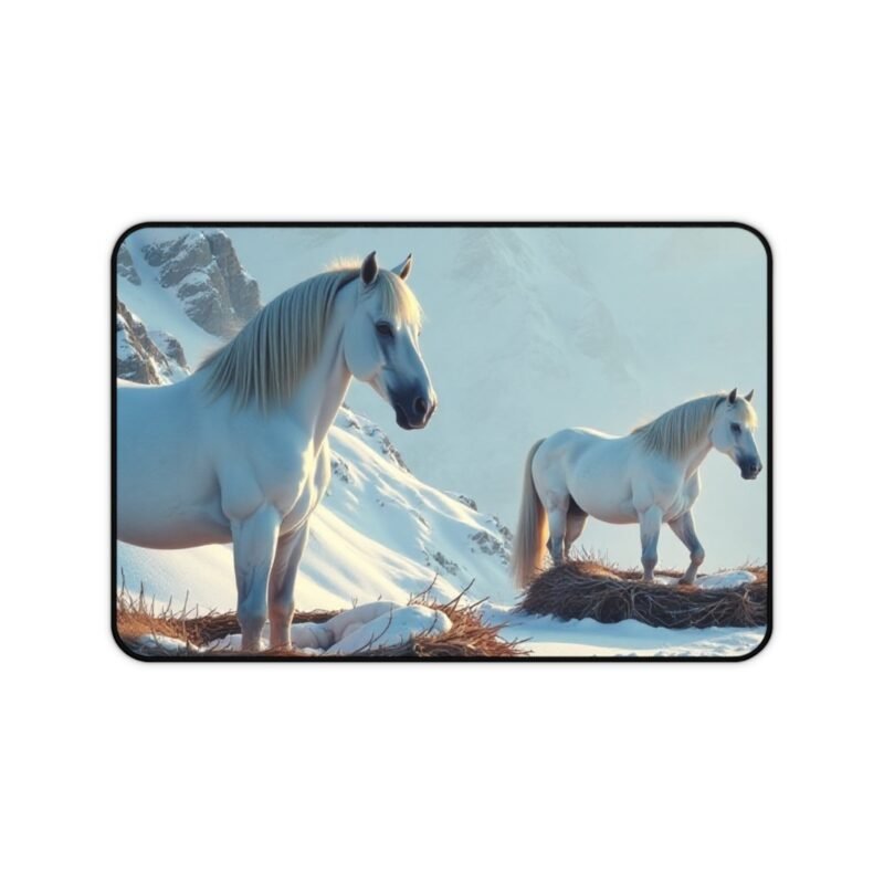 Winter Horse Desk Mat with White Horses in Snowy Landscape
