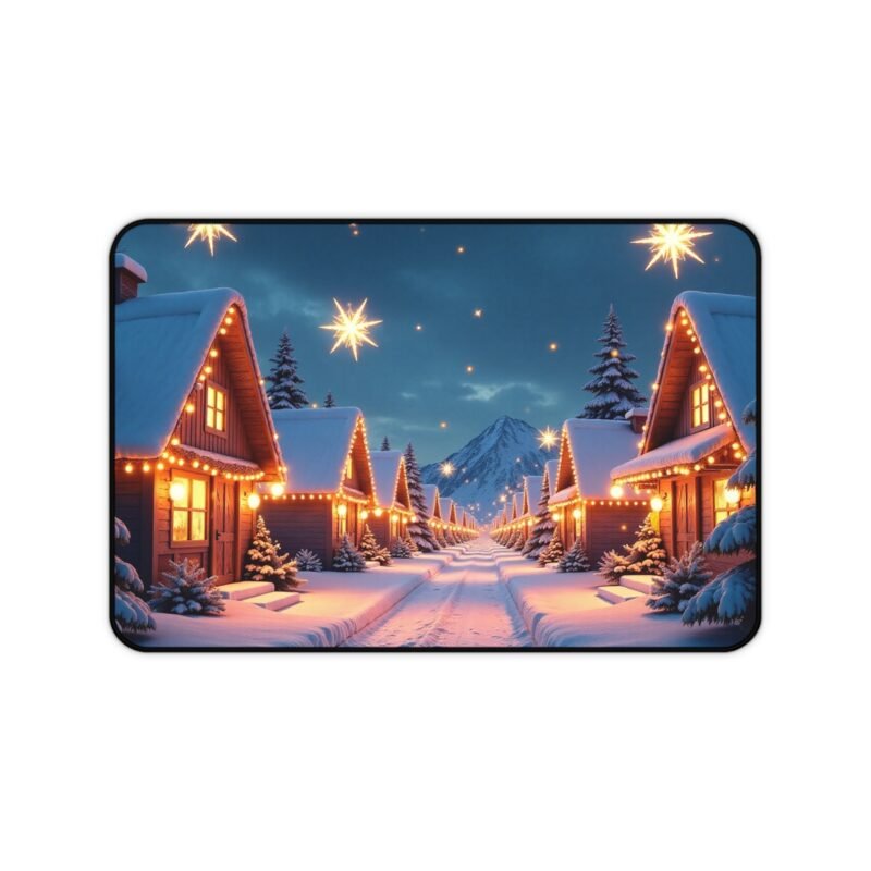 Winter Desk Mat with Whimsical Snowy Village and Holiday Glow