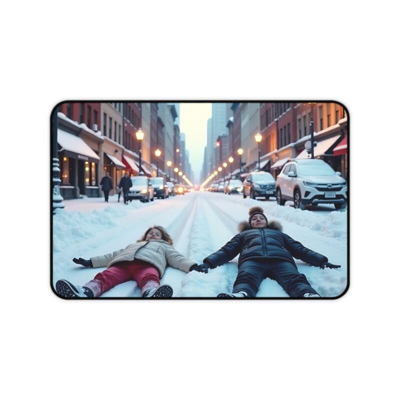 Winter Desk Mat with Snowy Cityscape and Whimsical Snow Angel Design