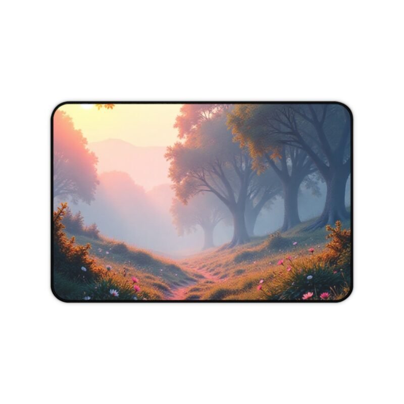 Serene Forest Desk Mat with Sunrise Glow for a Calm and Productive Workspace