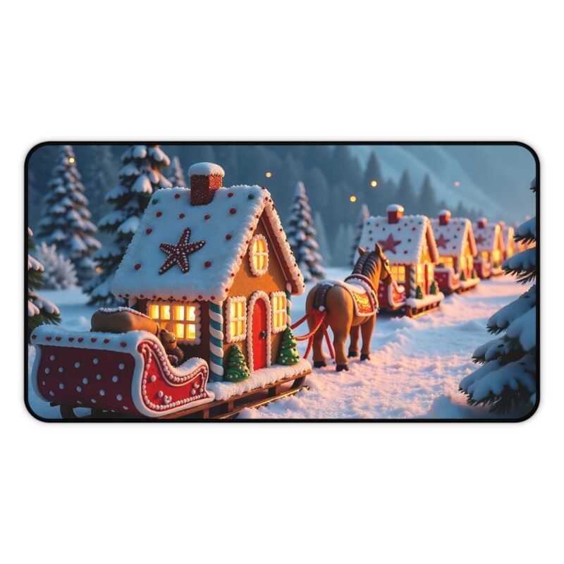 Whimsical Christmas Desk Mat with Gingerbread Train and Snowy Forest Backdrop - Image 5