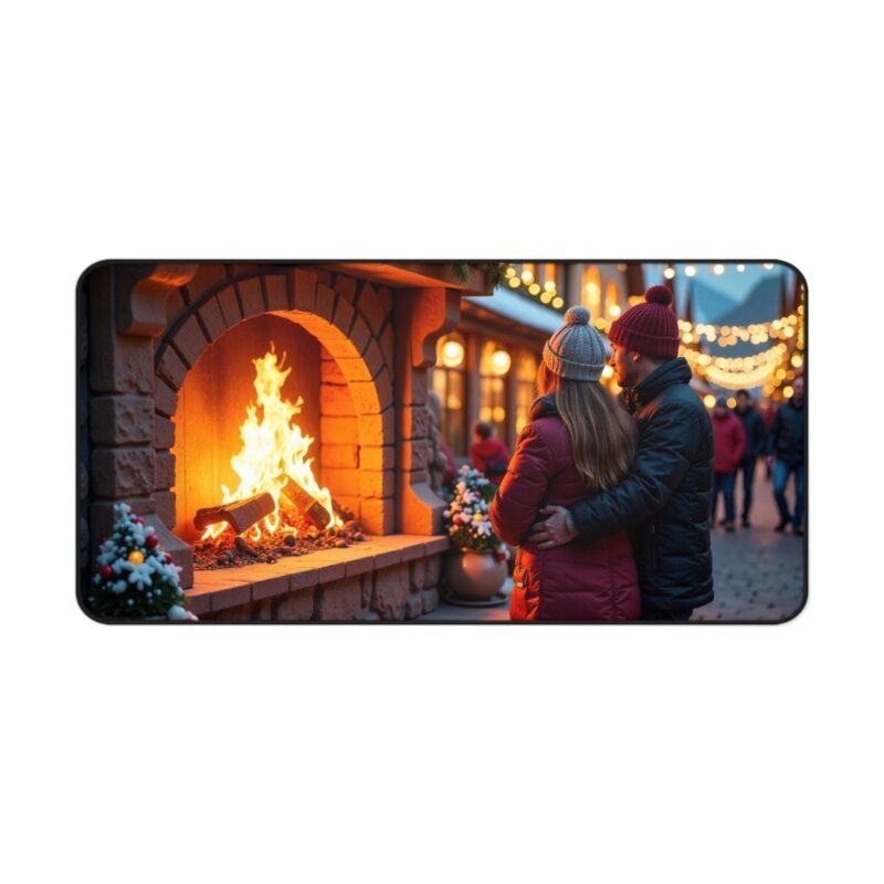 Cozy Christmas Desk Mat with Festive Fireplace and Holiday Market Scene - Image 9