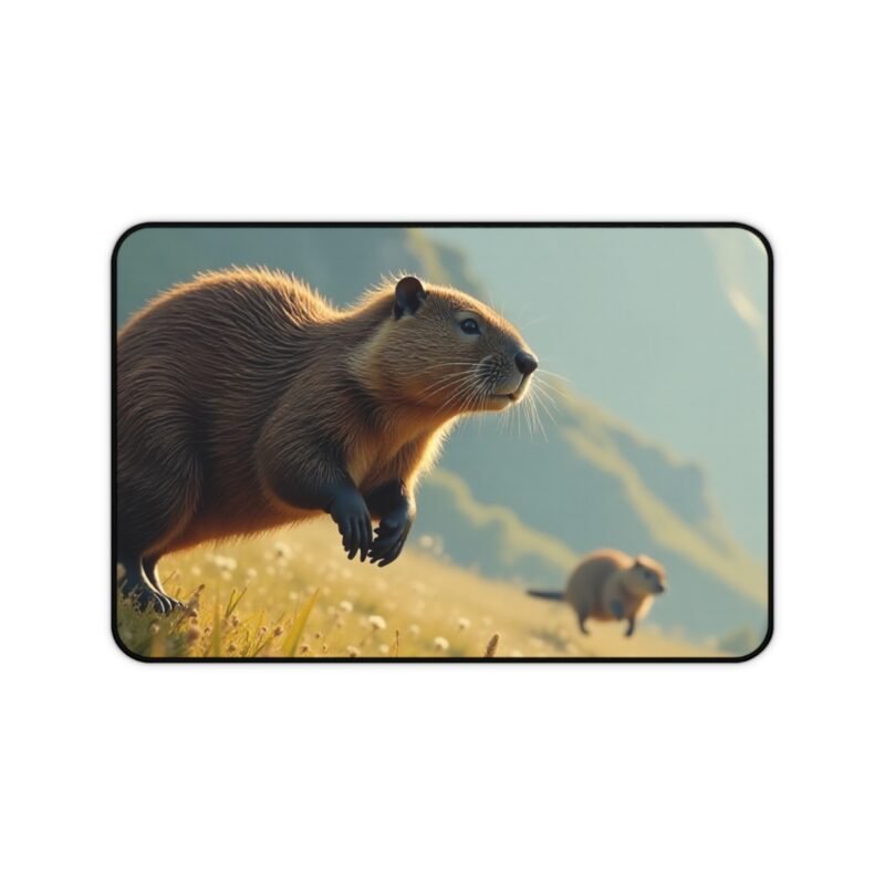 Alpine Beaver Nature Desk Mat with Tranquil Mountain and Meadow Scene