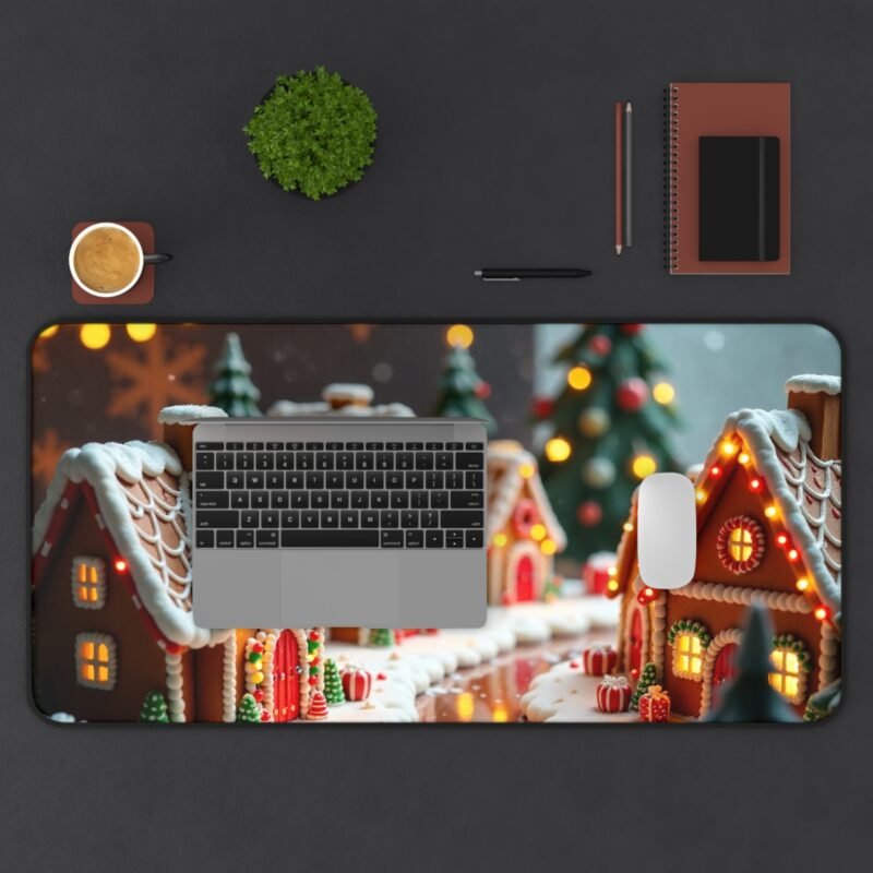 Christmas Desk Mat with Festive Gingerbread Village and Snowy Pine Design - Image 11