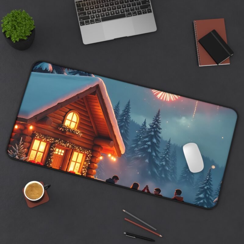 Cozy Winter Cabin Mouse Pad with Fireworks and Festive Snowy Landscape - Image 12